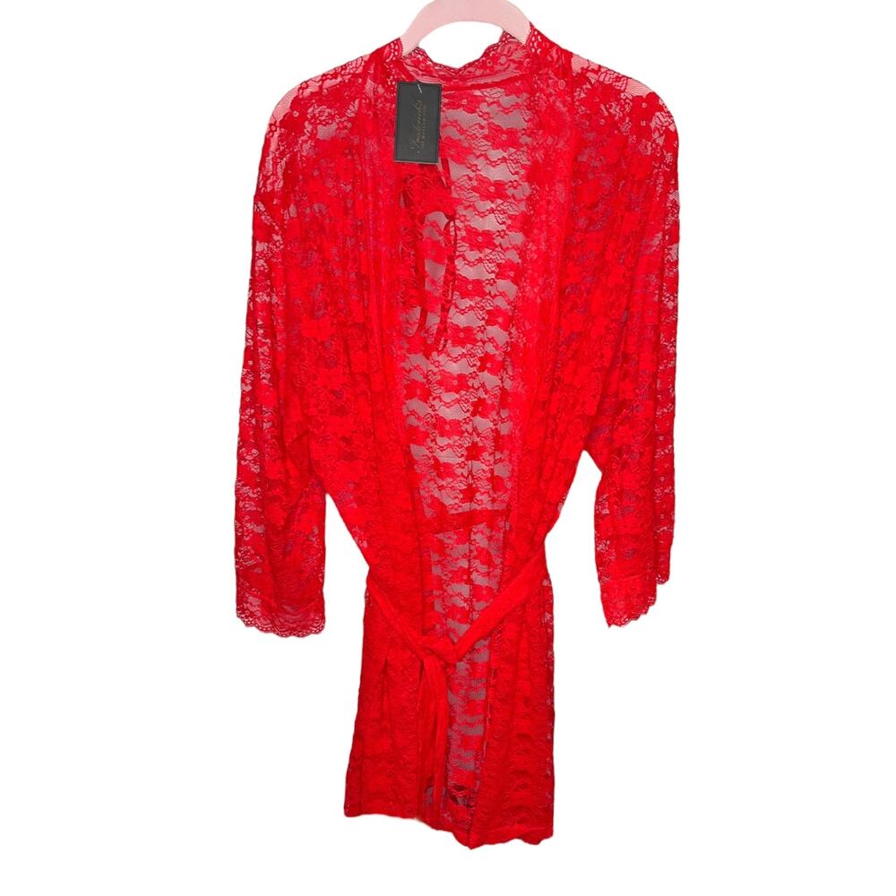 Frederick's of Hollywood Margarita Floral Lace Robe Panty Set Barbados Cherry 3X